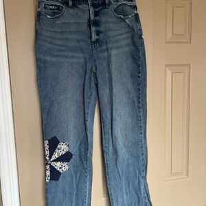 Blue Women's Jeans with Floral Patch